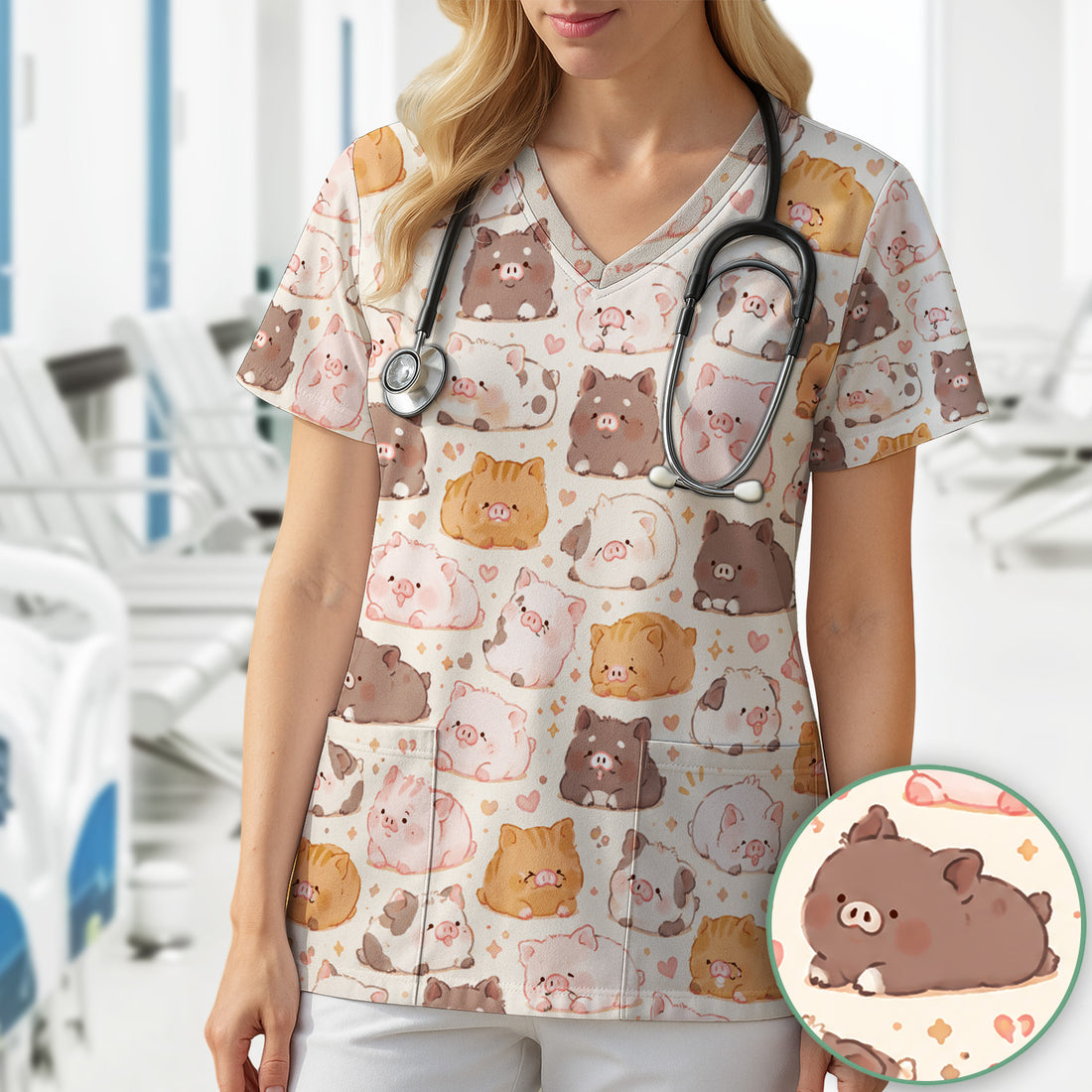 Cute Chubby Pig Nurse Print Scrub Top, Comfortable Scrubs for Nurses