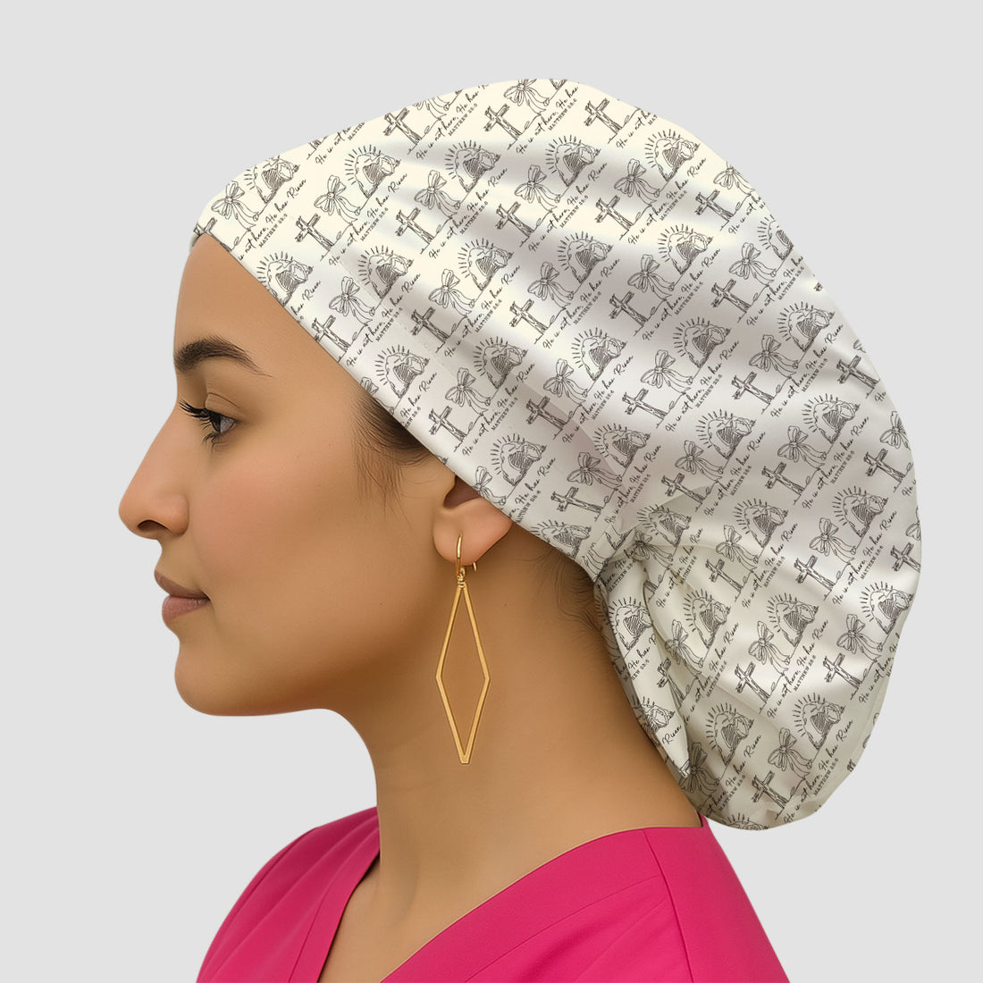 Christian Cross He Is Risen Pattern Caps, Bouffant Scrub Caps for Women