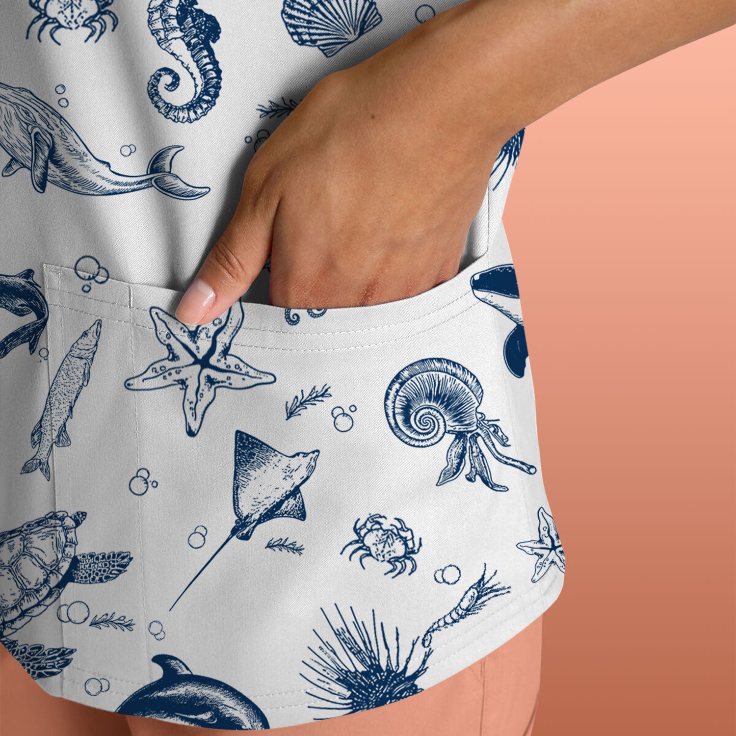 Marine Sea Life Pattern Scrub Top, Breathable Fabrics Nursing Uniform