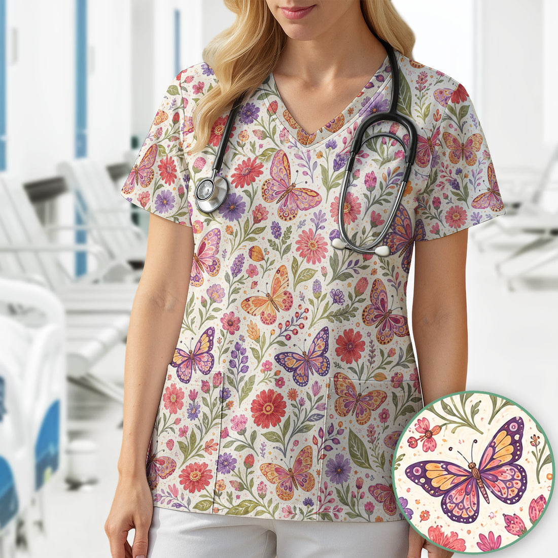 Floral Butterfly Pediatric Nurse Pattern Scrub Top, Comfortable Scrubs for Nurses