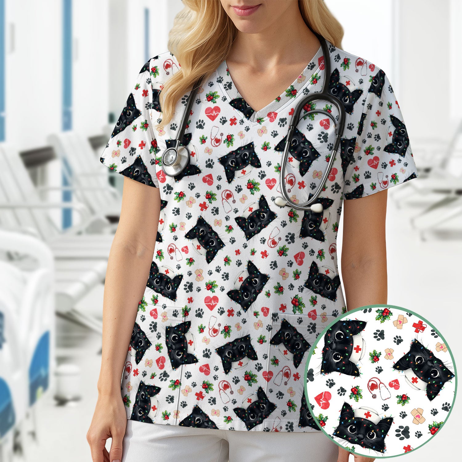 Funny Cats Scrub Top for Nurses - Black Kittens Christmas Medical Uniform - Jolly Holiday Gift for RN CNA LPN