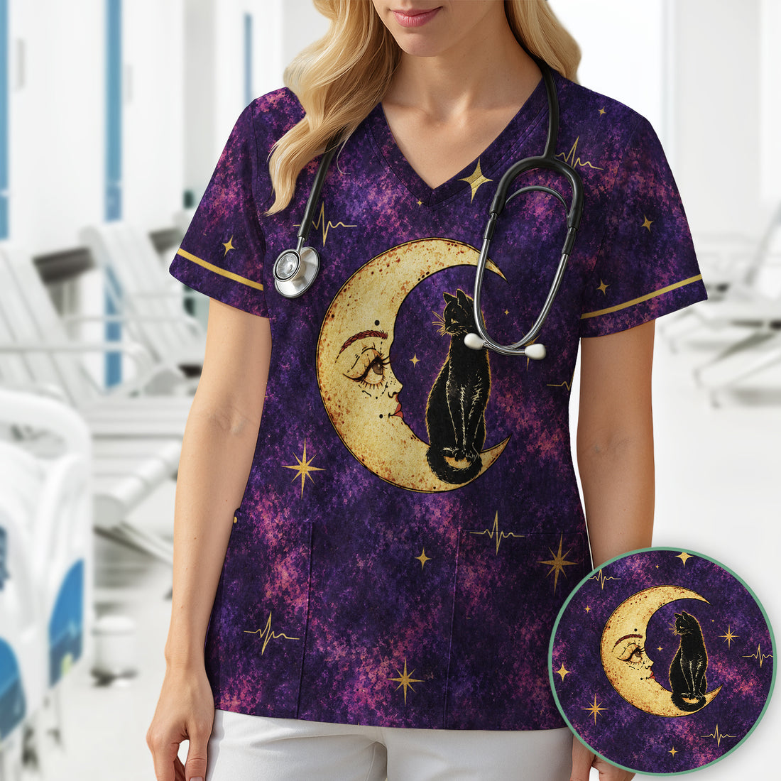 Celestial Nurse Black Cat Crescent Moon Scrub Top, Comfortable Scrubs for Nurses