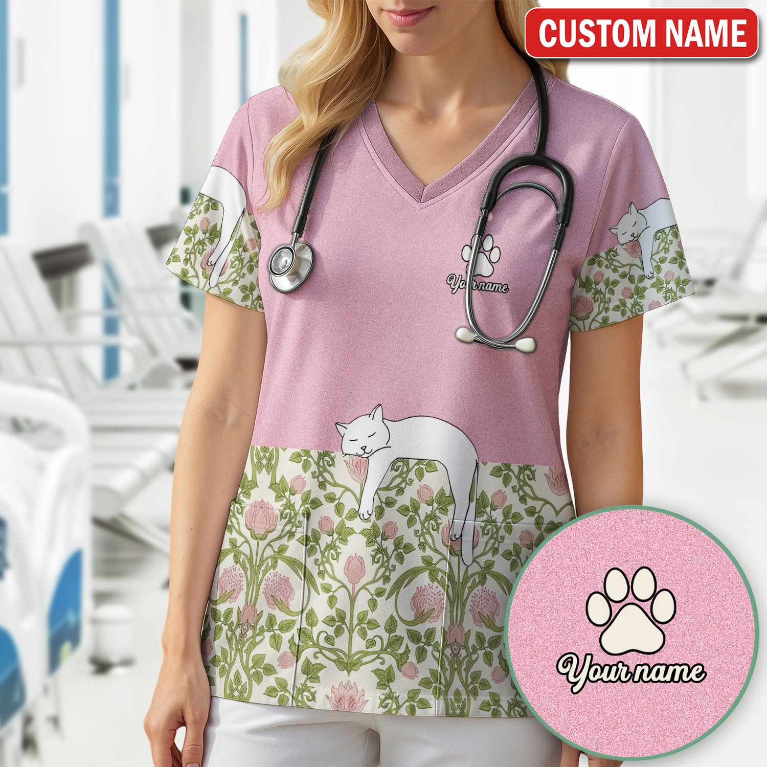 Personalized Cat Nurse Scrub Top, Custom Name Floral Scrub Shirt For Women, Breathable Fabrics Nursing Uniform