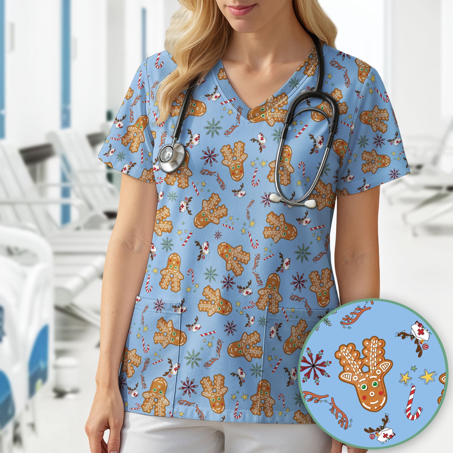 Gingerbread Cookies Reindeer Scrub Top - Funny Christmas Gingerbread Nursing Uniform - Comfortable Scrubs for Nurses
