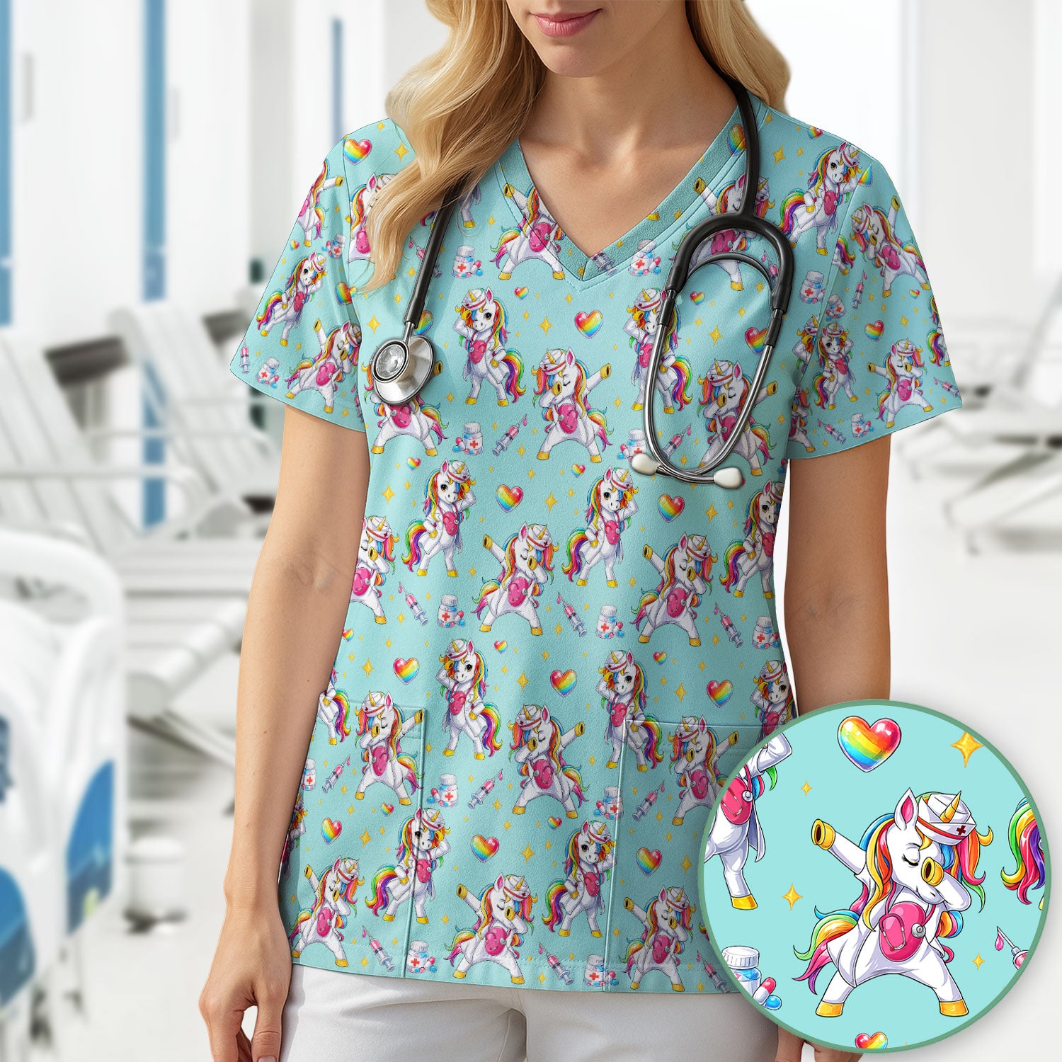 Playful Nurse Unicorn Rainbow Pattern Scrub Top, Comfortable Scrubs for Nurses