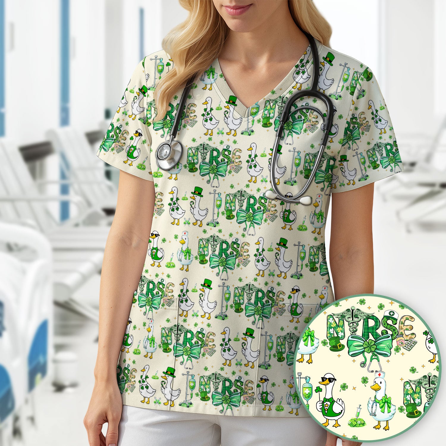 Funny Goose Nurse Shamrock Scrub Top, St. Patrick’s Day Nurse Pattern Shirt, Breathable Fabrics Nursing Uniform