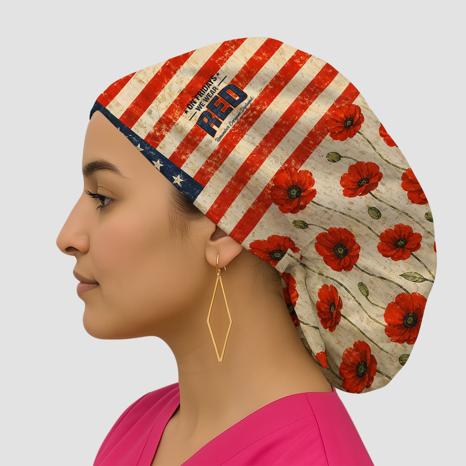 Patriotic American Flag Poppy Flower Pattern Nurse Scrub Cap, Surgical Caps for Doctors