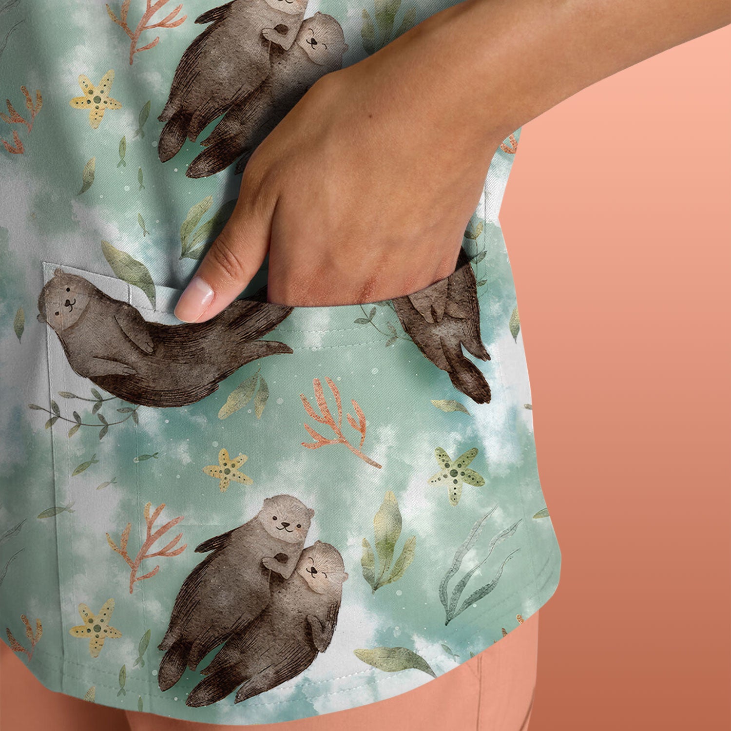 Cute Sea Otter Watercolor Print Scrub Top for Women, Breathable Nursing Uniform