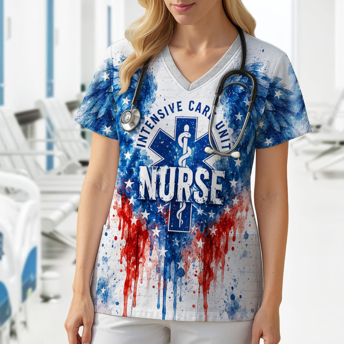 Patriotic Nurse Angel Wings Print Scrub Top, Comfortable Scrubs for Nurses