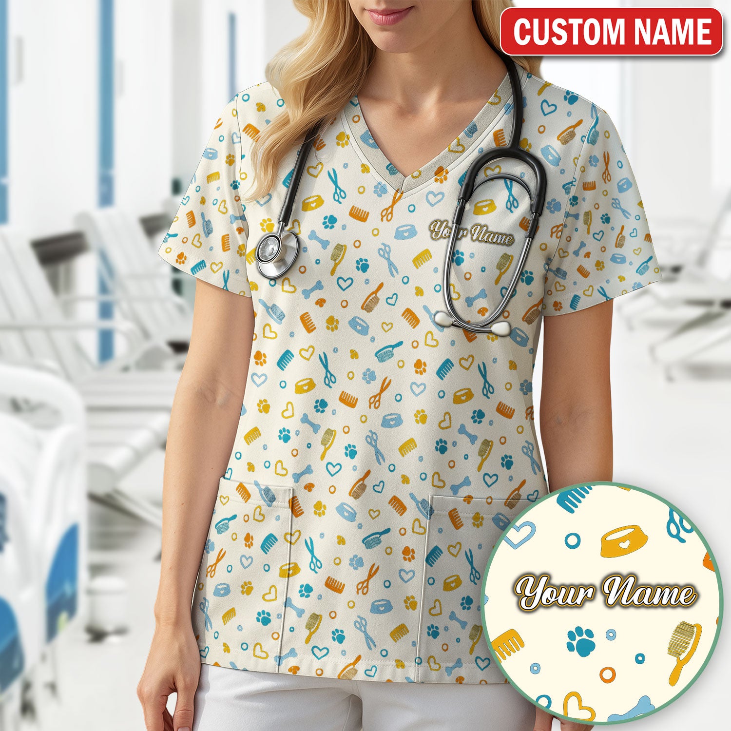 Custom Name Dog Cat Grooming Pattern Scrub Top, Breathable Fabrics Nursing Uniform