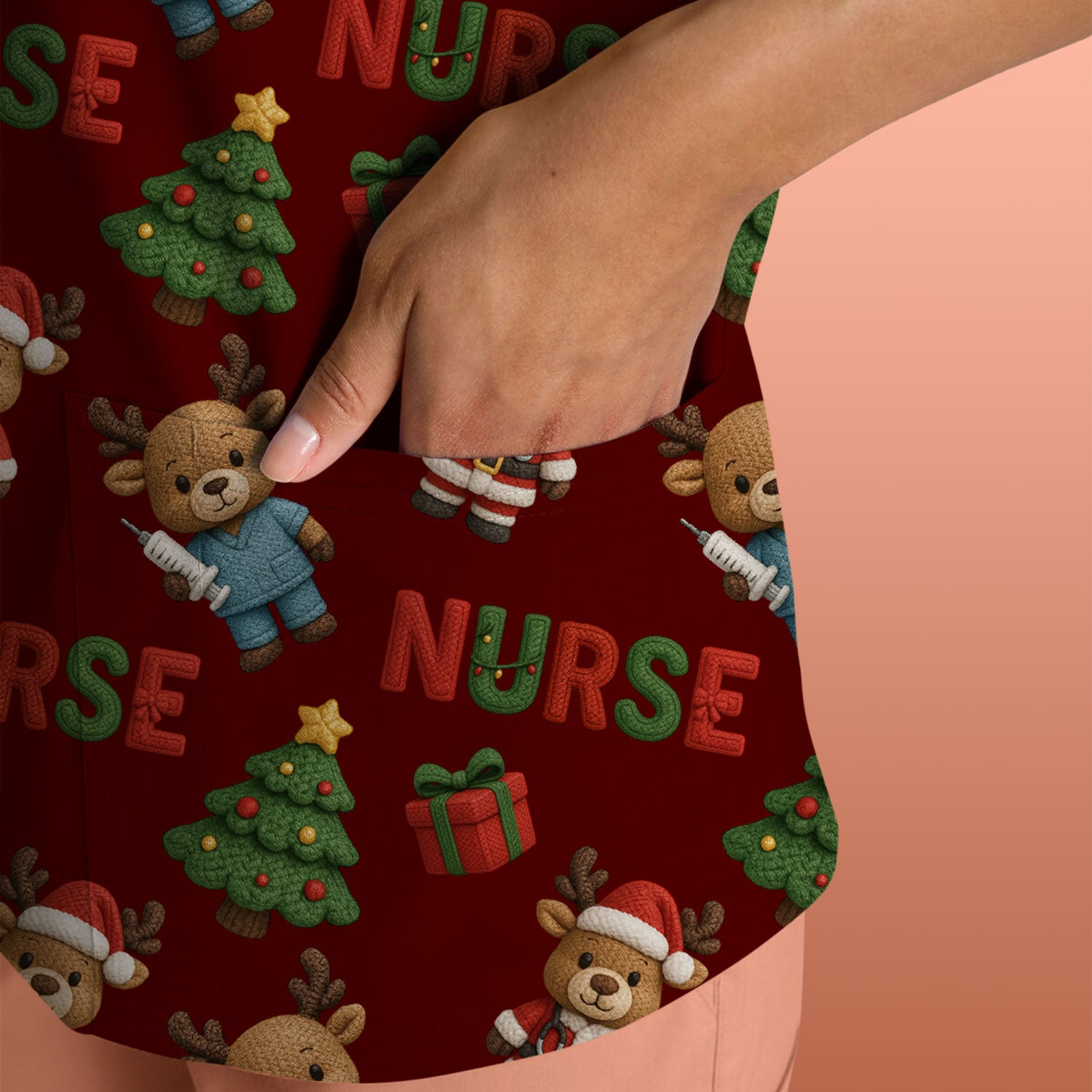 Reindeer Christmas Scrub Top, Cute Holiday Nurse Scrub Shirt, Festive Pattern Nursing Uniform
