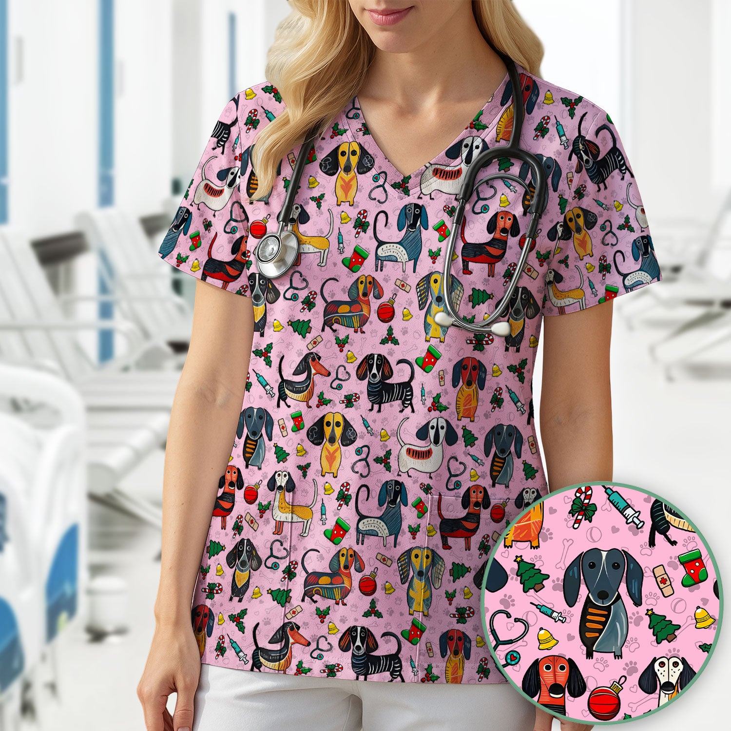 Christmas Wiener Dog Scrub Top - Funny Sausage Dog Nurse Shirt for Women - Holiday Medical Uniform