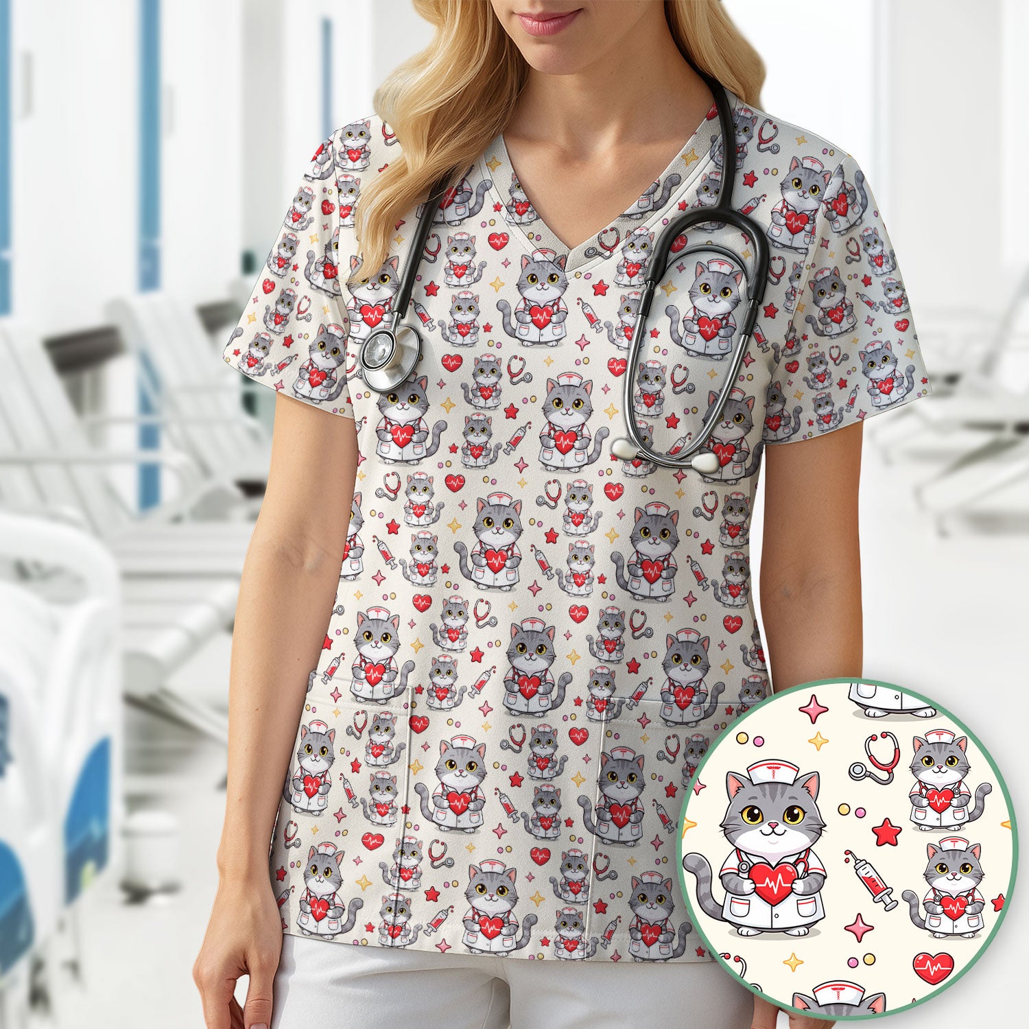 Cute Nurse Cat Heart Medical Print Scrub Top, Comfortable Scrubs for Nurses