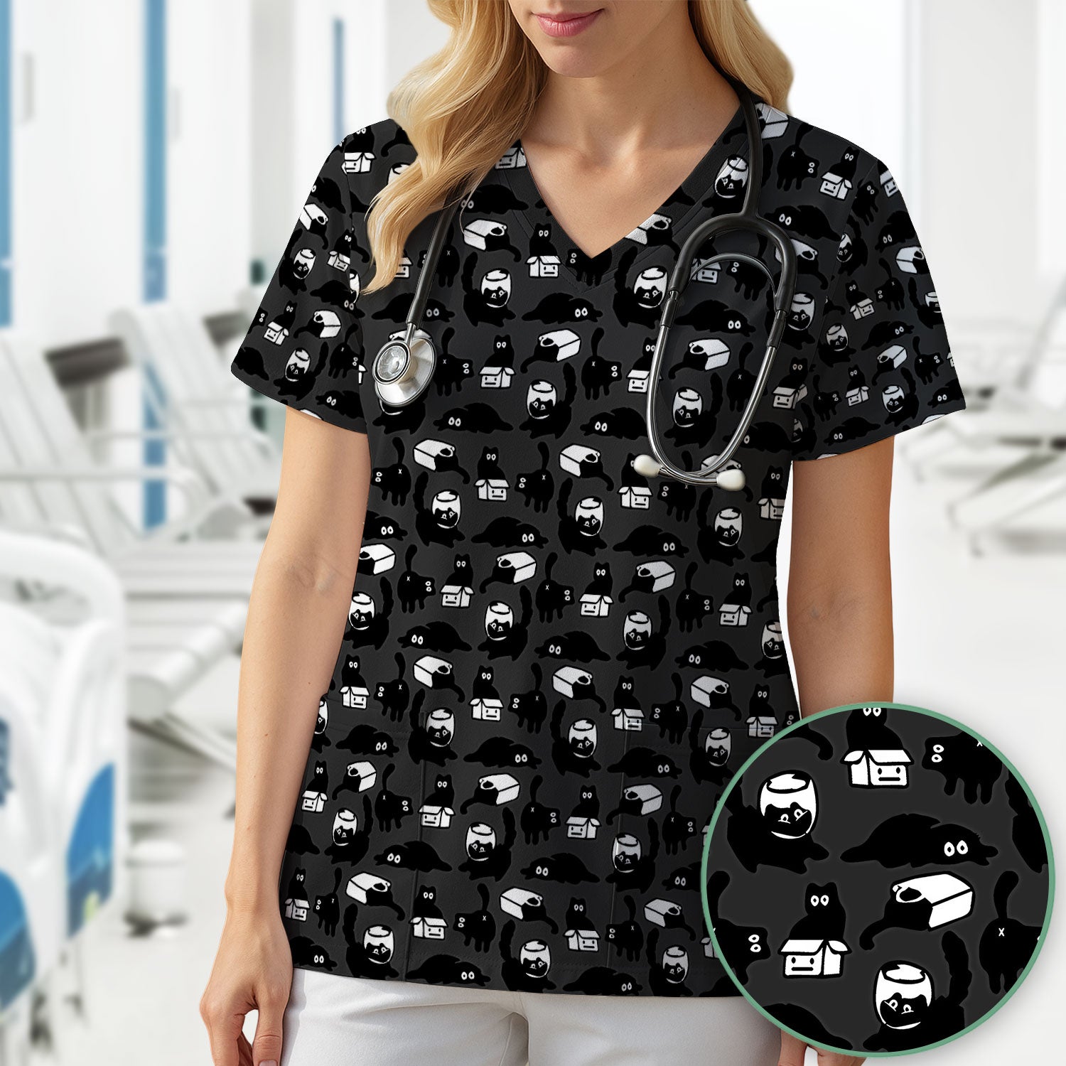 Dark Playful Cat Cartoon Pattern Scrub Top, Comfortable Scrubs for Nurses