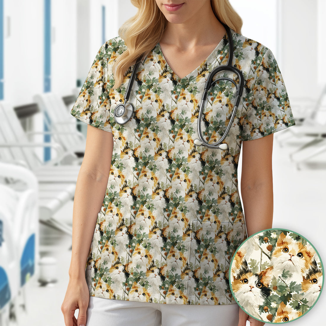 Fluffy Calico Cat Oak Leaves Pattern Scrub Top, Comfortable Scrubs for Nurses