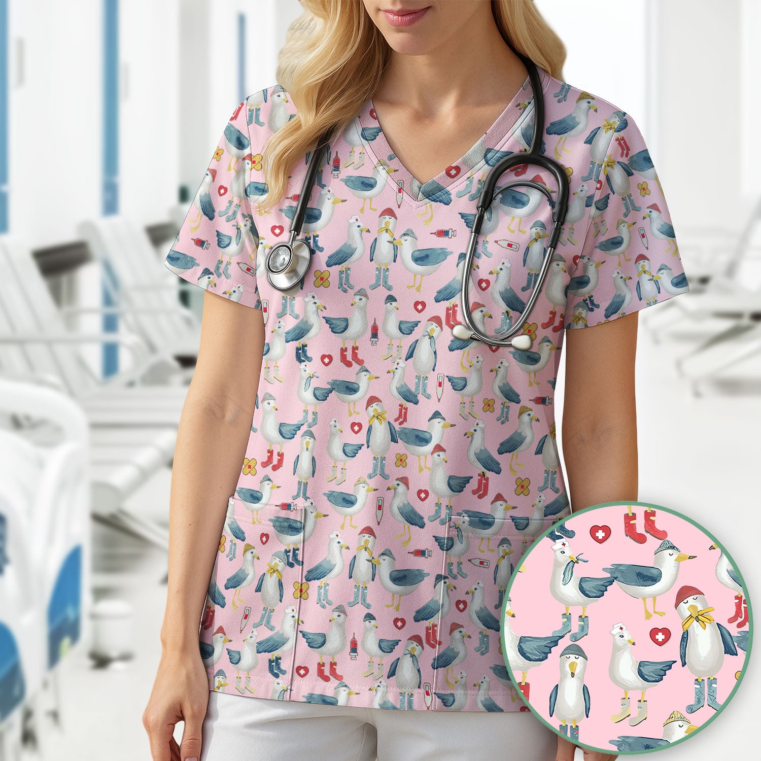 Seagull Scrub Top for Nurses - Adorable Birds Medical Uniform - Funny Shirt for RN CNA LPN