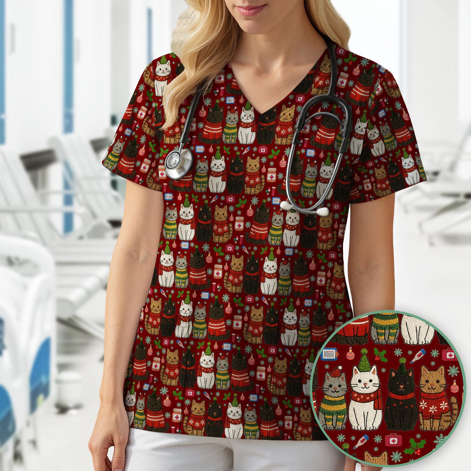 Christmas Cat Scrub Top, Funny Holiday Nurse Shirt, Festive Medical Uniform For Women RN LPN CNA Gift