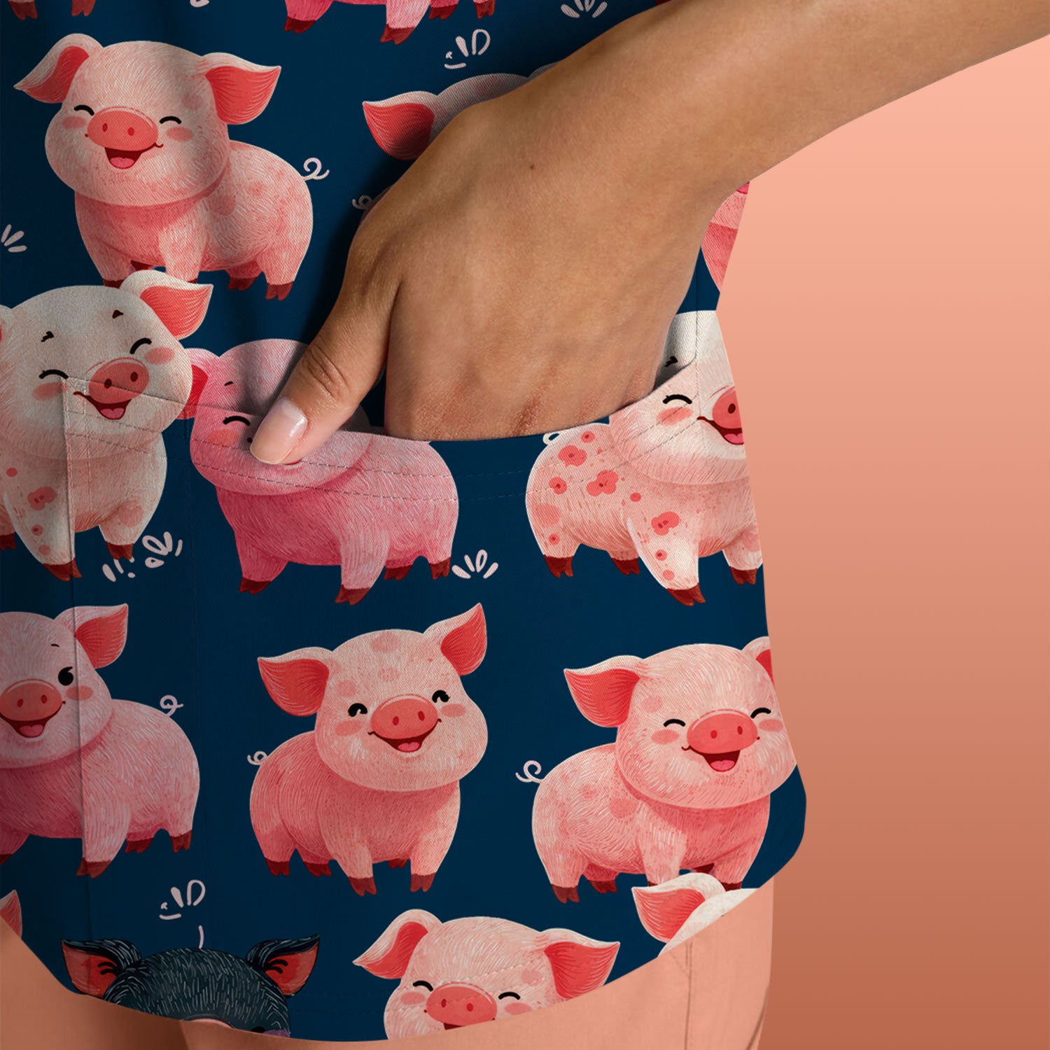Funny Farm Pig Cartoon Pattern Scrub Top, Comfortable Scrubs for Nurses