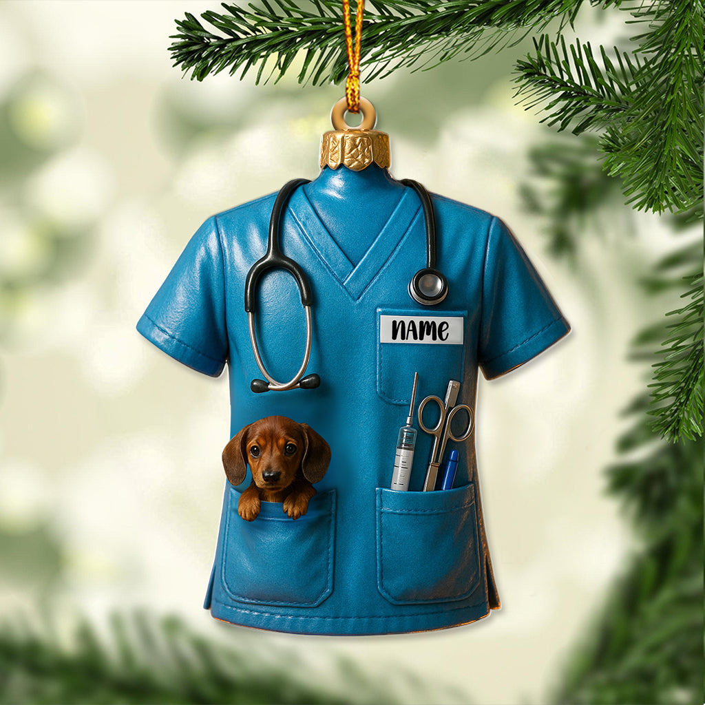 Personalized Nurse Scrub Ornament – Custom Name Pet Pocket Decor, Christmas Medical Gift for Nursing & Vet Workers
