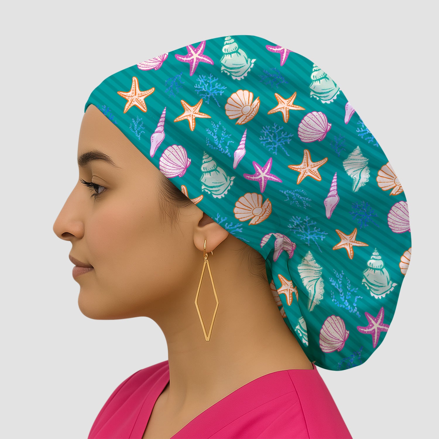 Colorful Seashell Starfish Ocean Stripe Pattern Cap, Bouffant Scrub Caps for Women