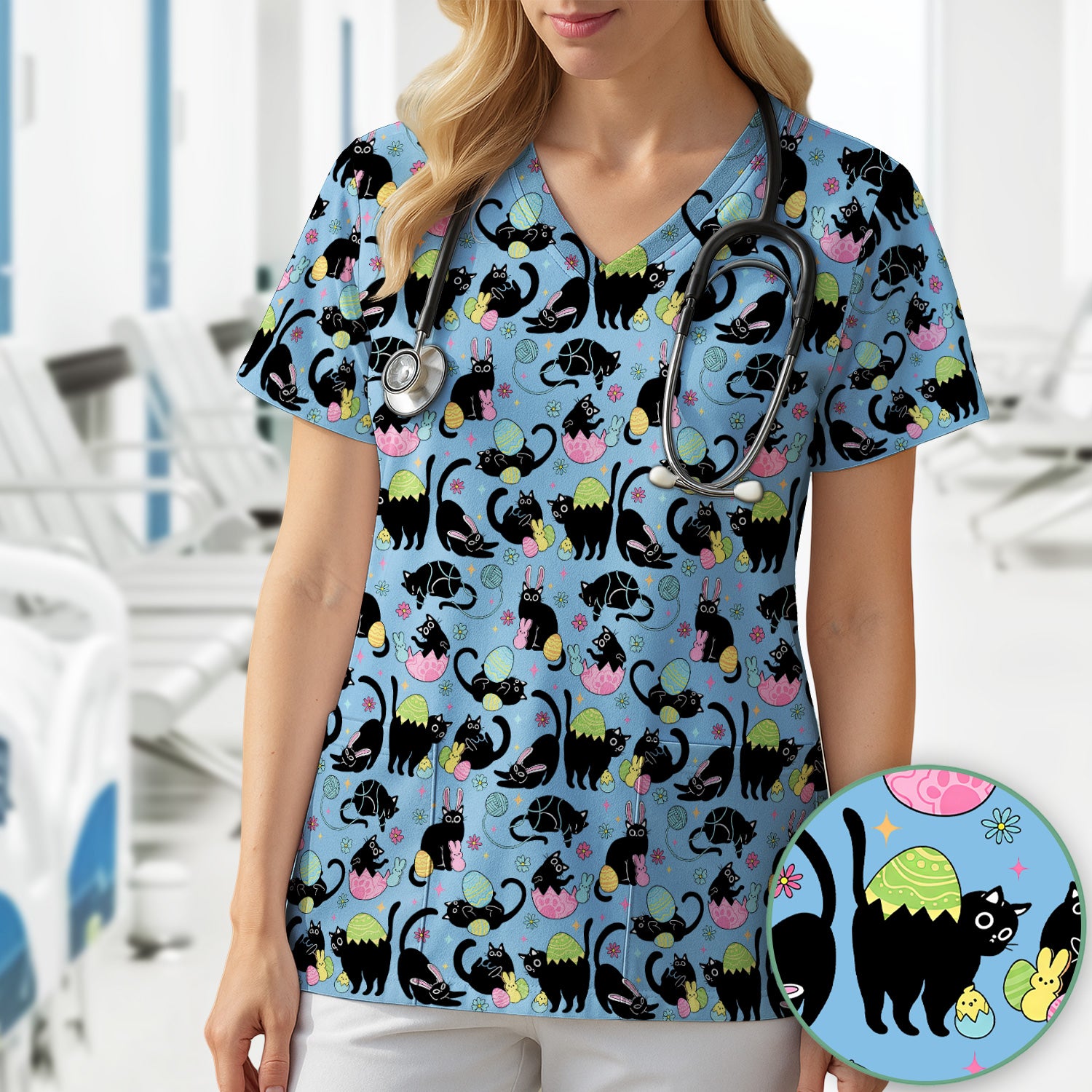 Funny Easter Black Cat Egg Pattern Scrub Top, Breathable Fabrics Nursing Uniform