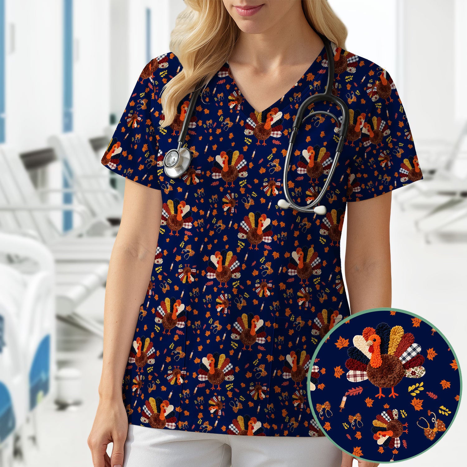 Funny Thanksgiving Nurse Scrub Top - Fall Leaves and Pumpkin Shirt - Autumn Turkey Med Uniform Gift for RN CNA LPN