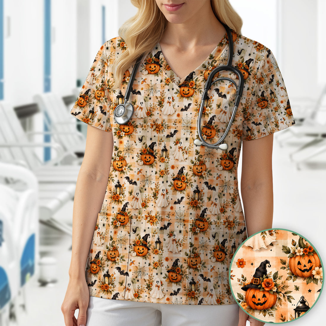 Vintage Halloween Pumpkin And Ghost Scrub Top, Comfortable Scrubs for Nurses