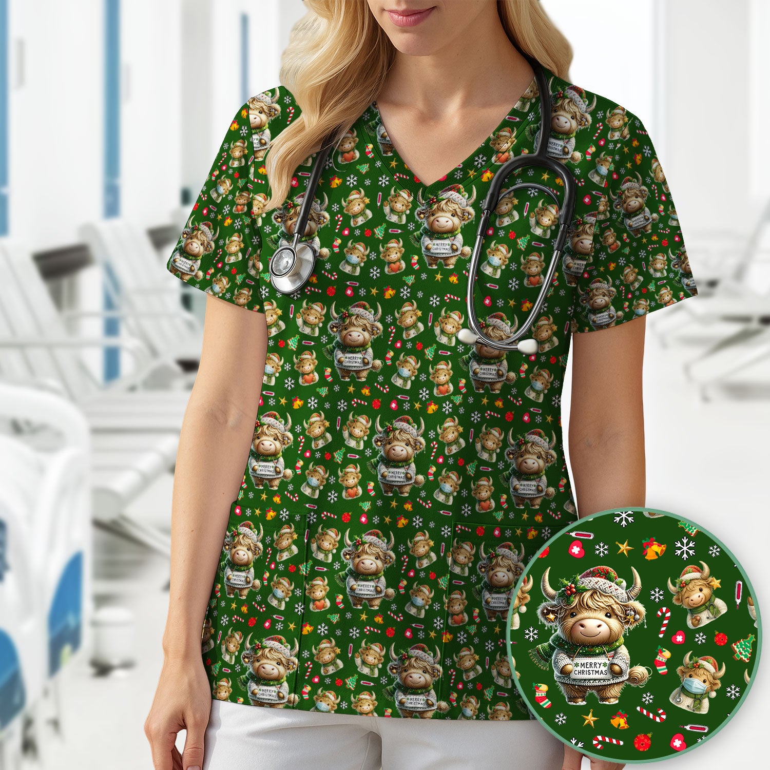Highland Cow Christmas Scrub Top, Festive Cow Nurse Shirt With Holiday Pattern, Cute Medical Uniform For Women