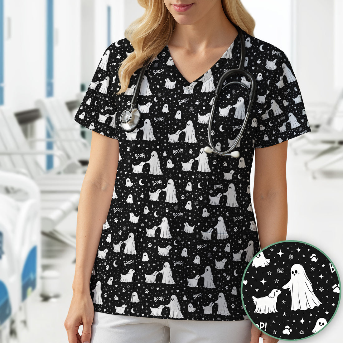 Halloween Ghost Boop Dog Pattern Scrub Top, Comfortable Scrubs for Nurses