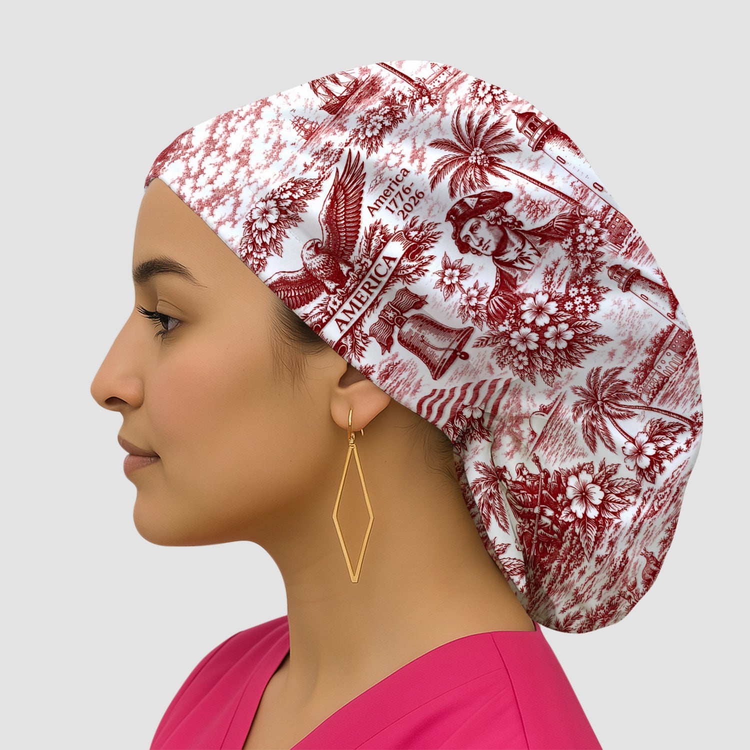 Patriotic America Heritage Toile Pattern Cap, Bouffant Scrub Caps for Women