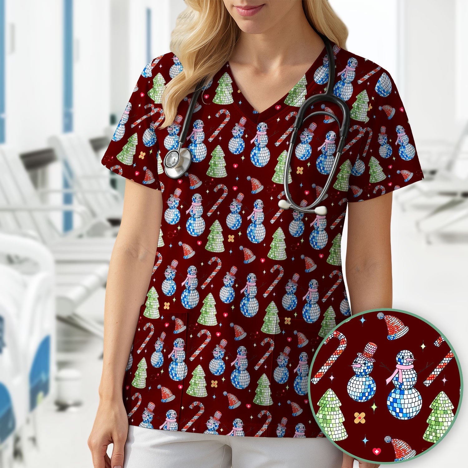 Funny Christmas Snowman Scrub Top for Women - Breathable Fabrics Med Uniform - Comfortable Scrubs for Nurses - Xmas Gift for Her
