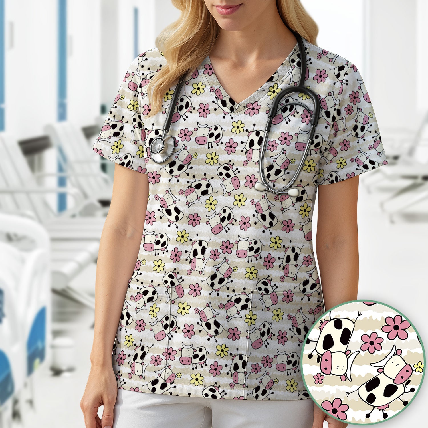Cute Cartoon Cow Flower Meadow Pattern Nurse Scrub Top, Comfortable Scrubs for Nurses