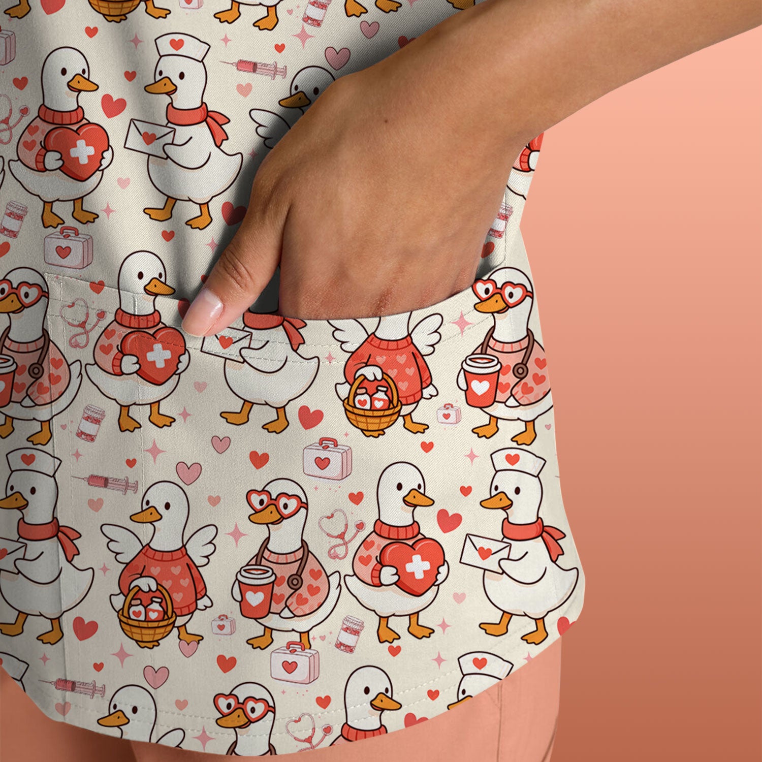 Valentine Goose Nurse Scrub Top, Heart Medical Pattern Nurse Shirt, Breathable Fabrics Nursing Uniform