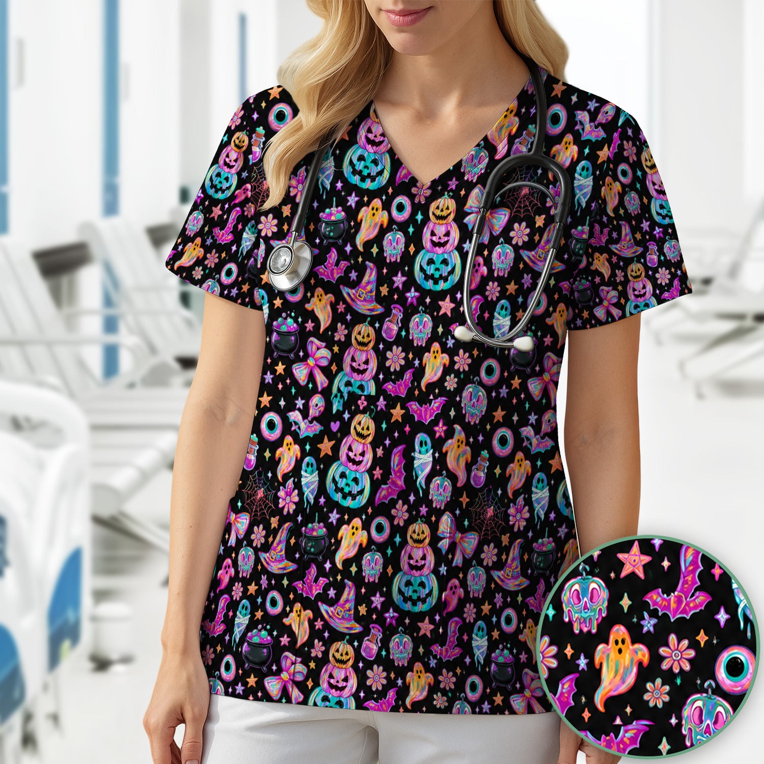 Halloween Ghost with Pumpkin Bat Print Scrub Top, Comfortable Scrubs for Nurses