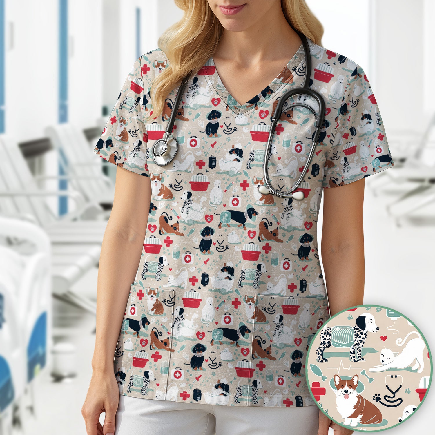 Dogs With Veterinary Tools And Paw Print Scrub Top, Breathable Fabrics Nursing Uniform