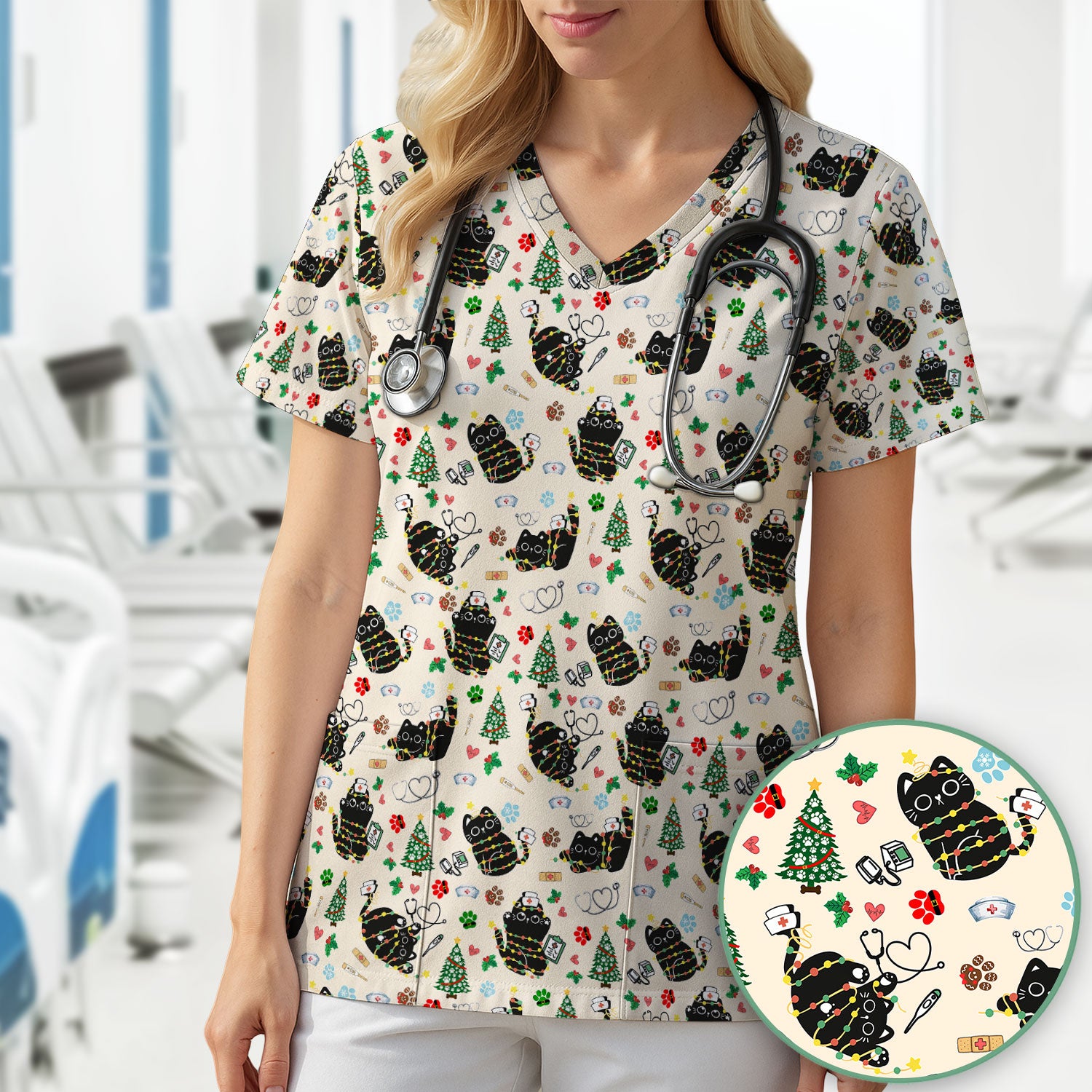 Funny Black Cat Christmas Scrub Top – Cute Holiday Kitty Pattern – Festive Medical Uniform for Nurses, Vets, and Cat Lovers