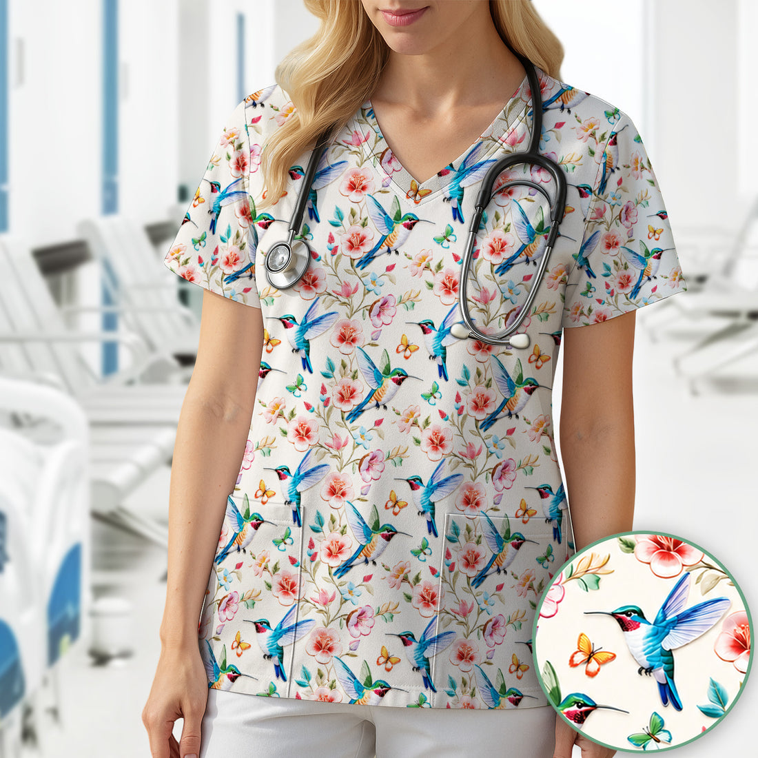 Hummingbird Blossom Butterfly Pattern Scrub Top, Comfortable Scrubs for Nurses