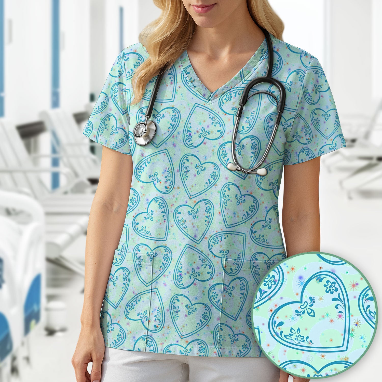 Valentine Heart Scrub Top For Women, Hearts Pattern Nurse Shirt, Comfortable Scrubs For Nursing