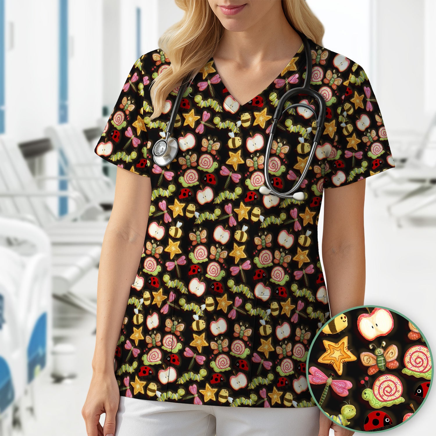 Cute Nurse Snail Ladybug Caterpillar Apple Garden Pattern Scrub Top, Breathable Fabrics Nursing Uniform