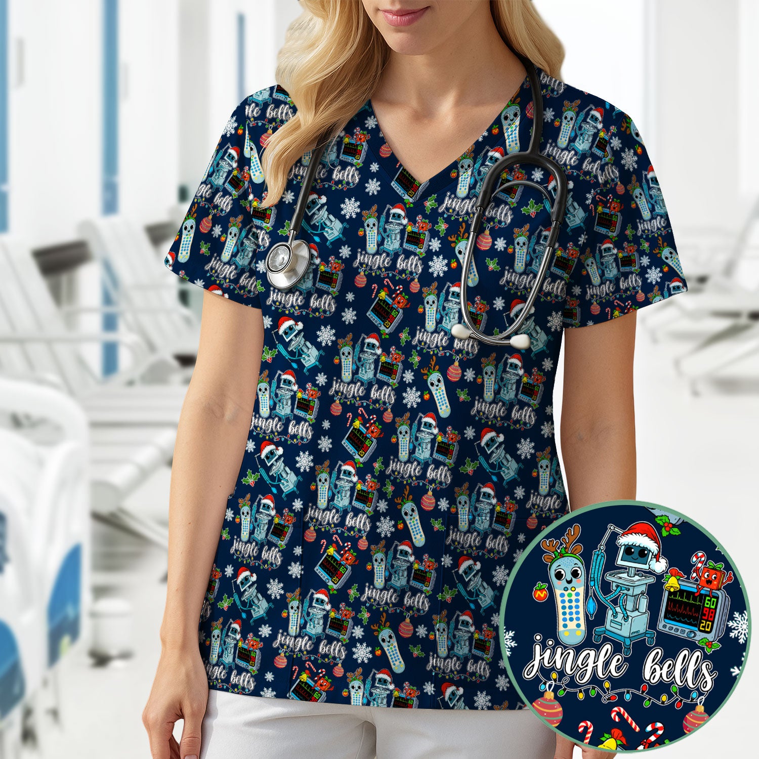 Jingle Bells Christmas Scrub Top - Funny Xmas Scrubs for Nurses - Breathable Fabrics Nursing Uniform for RN CNA LPN