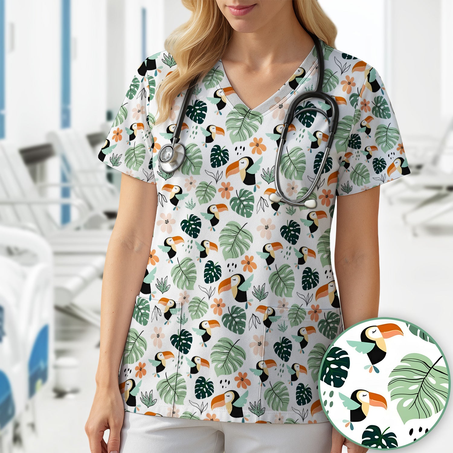 Tropical Toucan Leaf Floral Pattern Scrub Top, Comfortable Scrubs for Nurses
