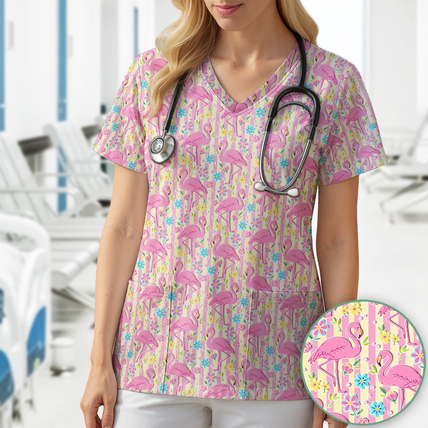 Pink Flamingo Flower Stripe Pattern Scrub Top, Comfortable Scrubs for Nurses