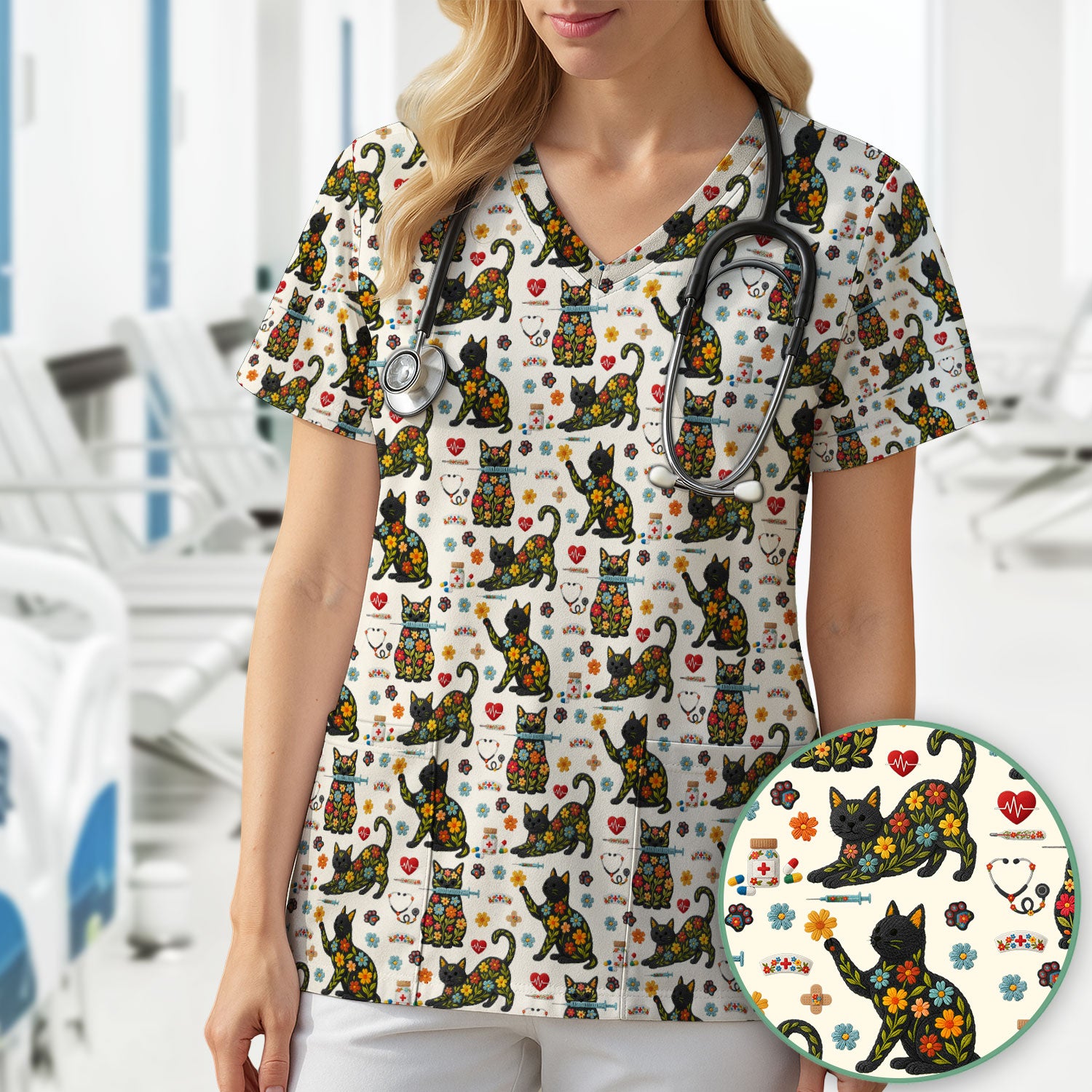Floral Black Cat Pattern Scrub Top, Cute Cat Nurse Scrub Shirt, Medical Nursing Uniform