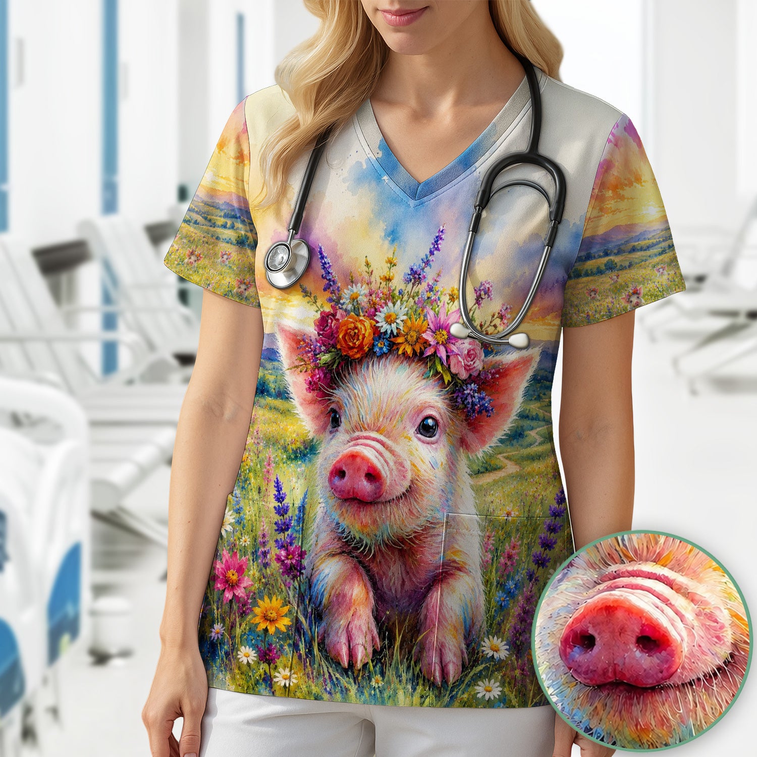 Cute Floral Piglet Pediatric Pattern Scrub Top, Comfortable Scrubs for Nurses