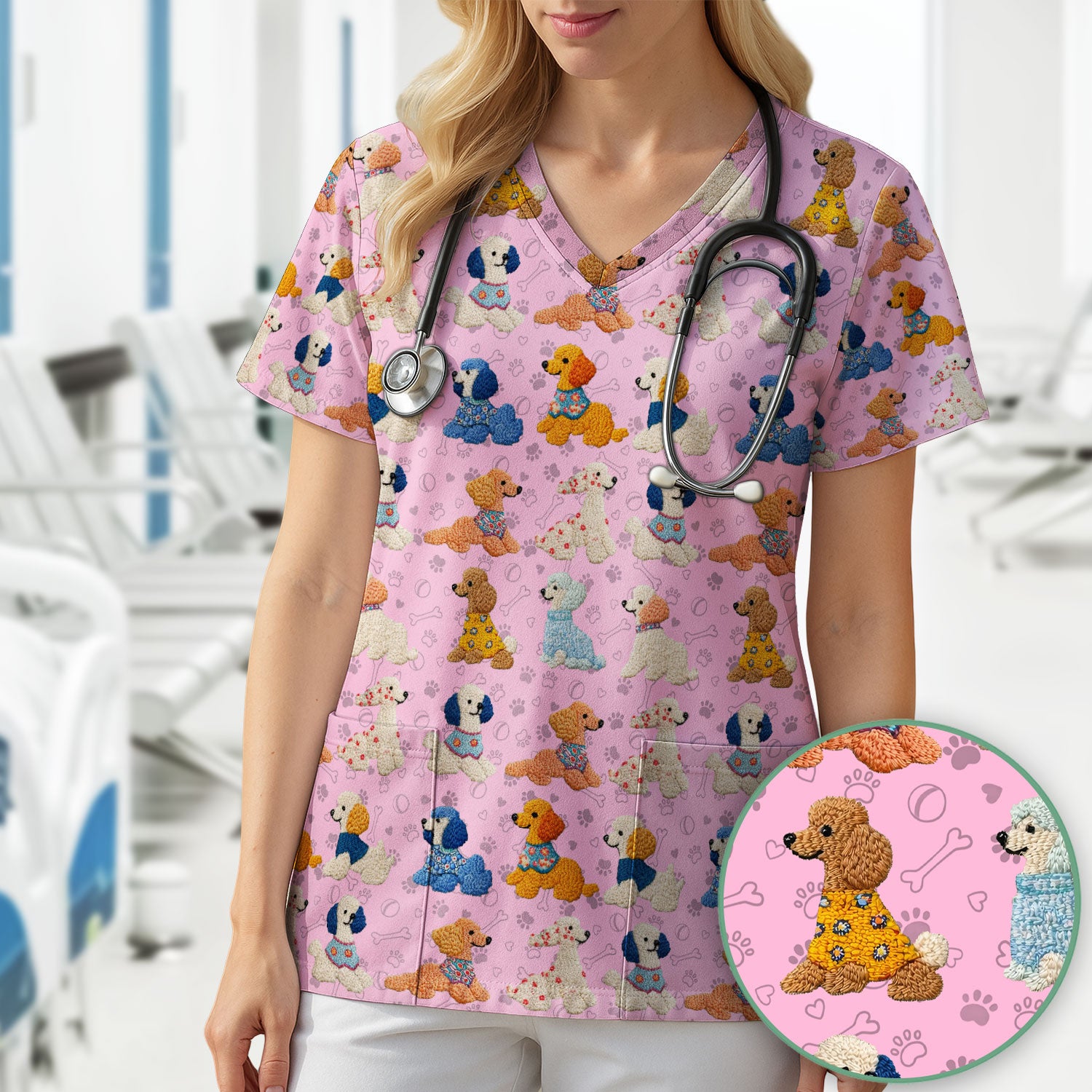 Cute Colorful Poodle Pattern Scrub Top, Comfortable Scrubs for Nurses