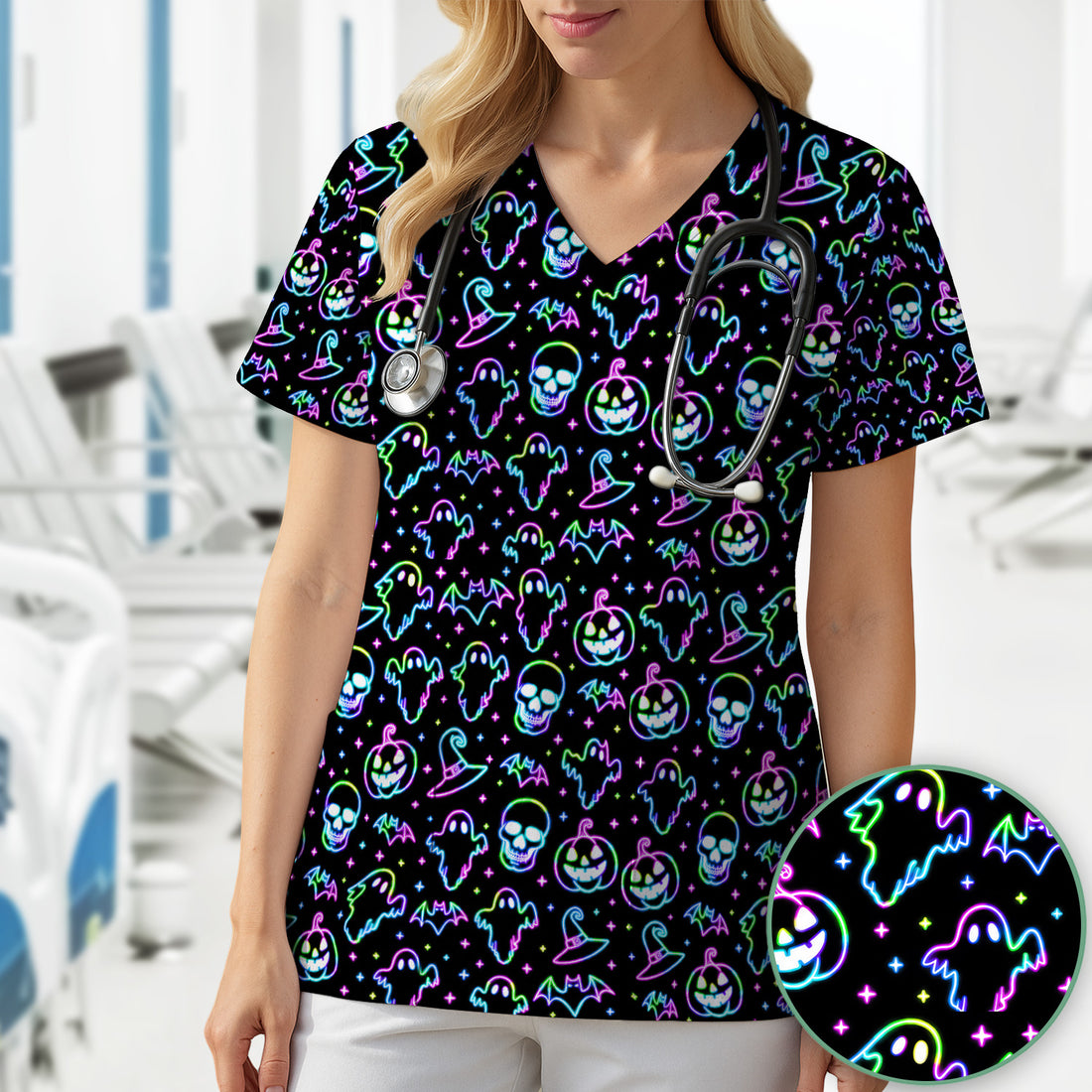 Pumpkin Skull Spooky Print Scrub Top, Comfortable Scrubs for Nurses