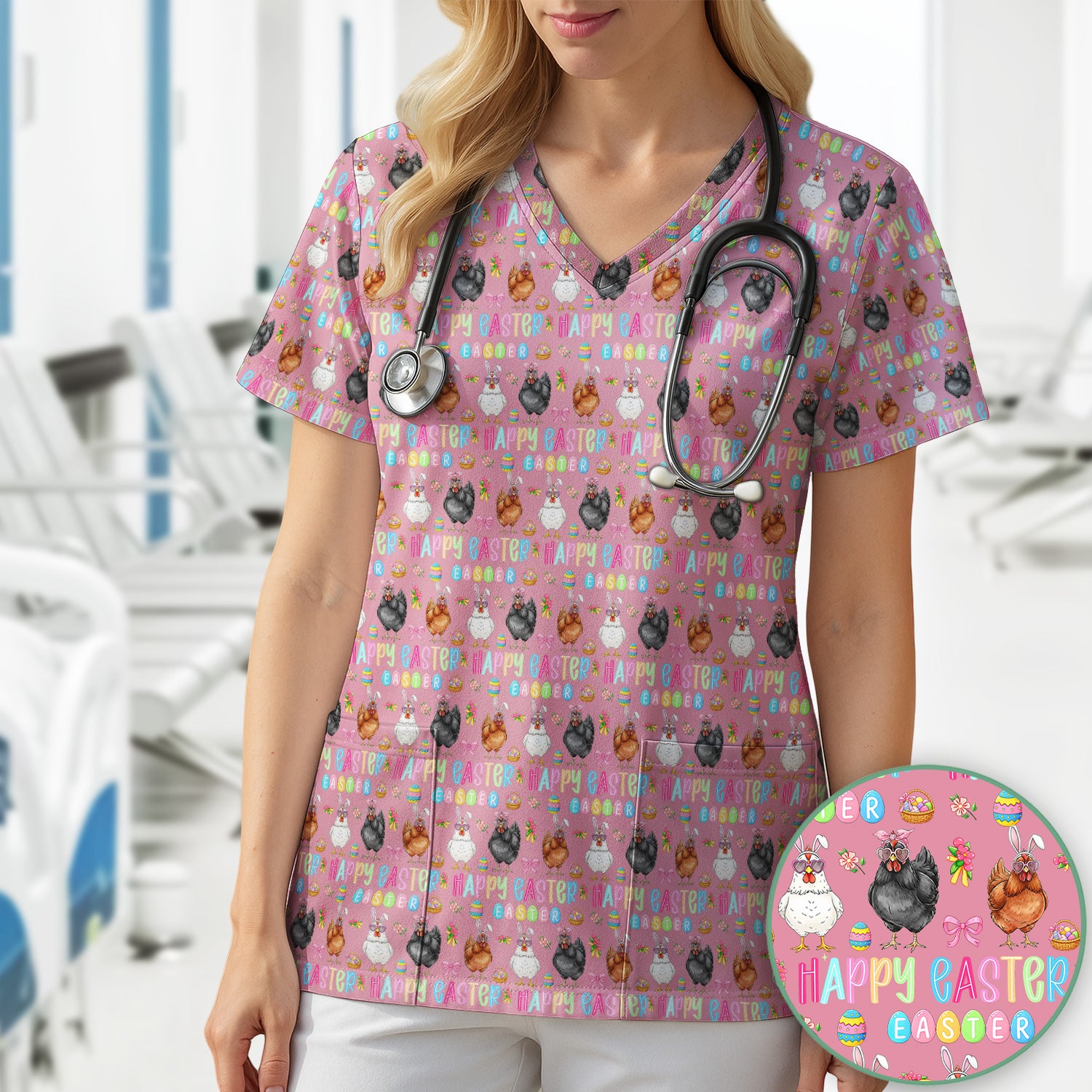 Happy Easter Bunny Eggs Pattern Scrubs Top, Comfortable Scrubs for Nurses