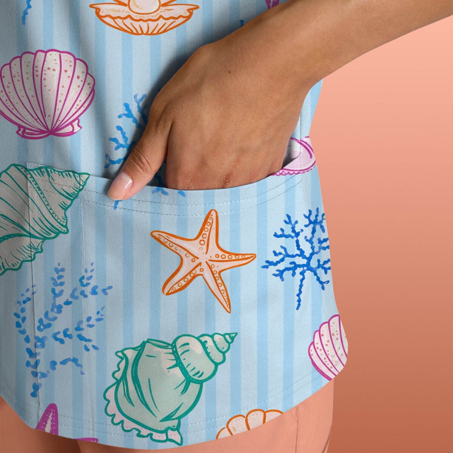 Colorful Seashell Starfish Ocean Stripe Pattern Scrub Top, Breathable Fabrics Nursing Uniform