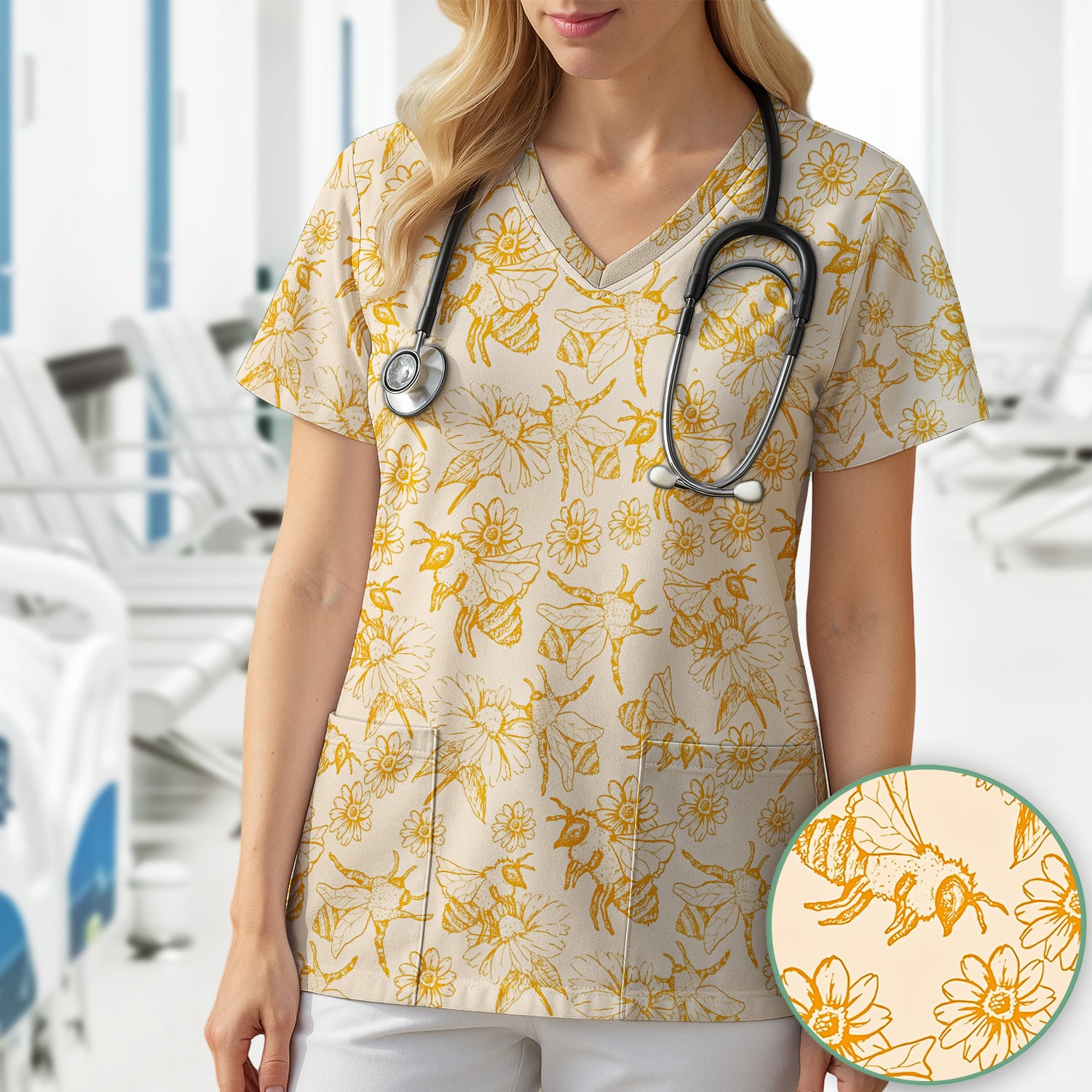 Cute Honey Bee Flower Sketch Pattern Scrub Top, Comfortable Scrubs for Nurses