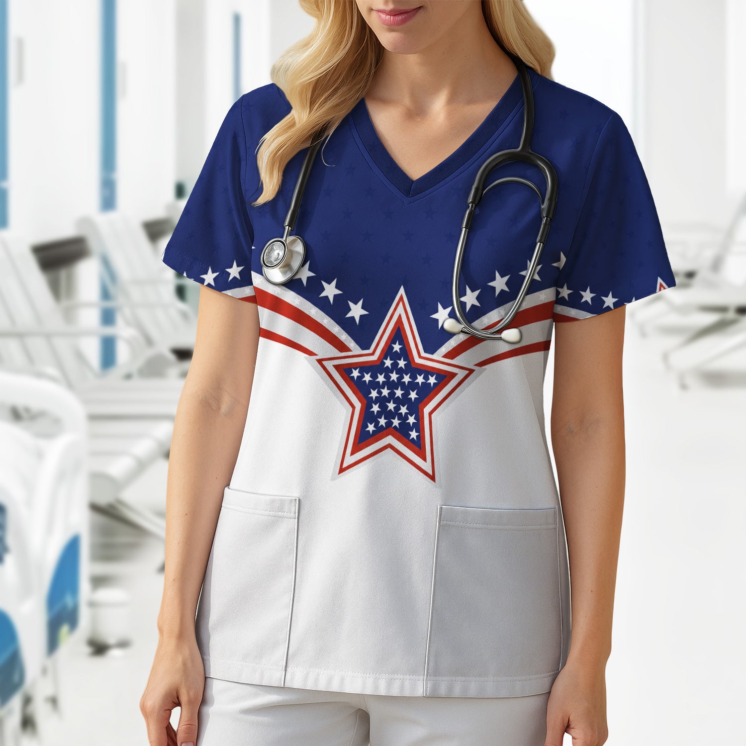 Patriotic American Flag Star Pattern Scrub Top, Comfortable Scrubs for Nurses